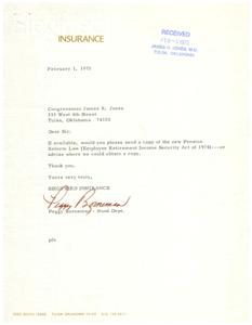 Request for a Copy of the New Pension Reform Law (Employee Retirement Income Security Act of 1974) from Siege Ried Insurance to Congressman James R. Jones, 1975-02-01